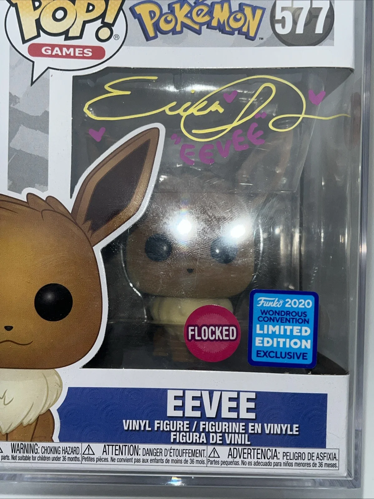 ERICA SCHROEDER signed POKEMON EEVEE Funko pop #577 Wondercon Flocked PSA Case, изображение 2