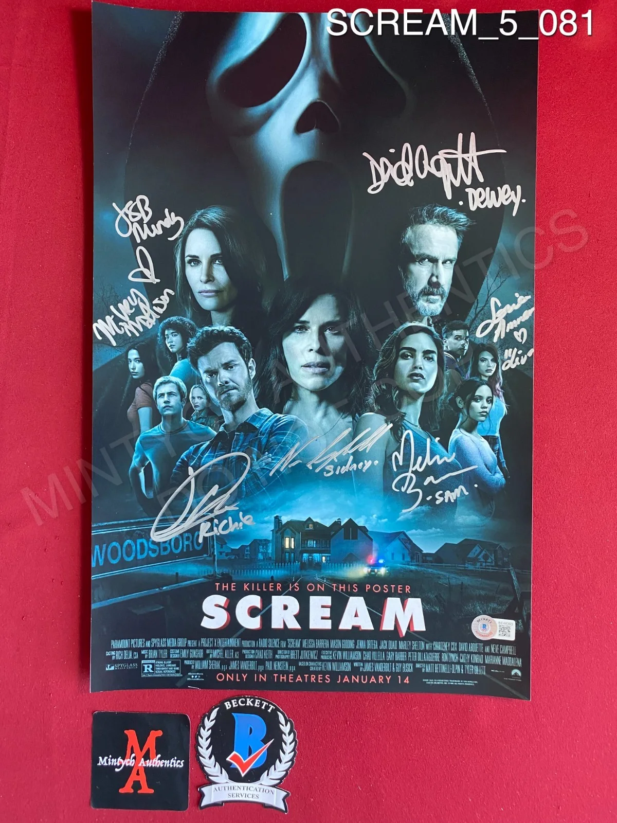 Jasmin Savoy Brown, Jack Quaid, Melissa Barrera, Sonia Ammar — Scream 5 cast signed 11x17 photo Mikey Madison Neve Campbell David Arquette +4