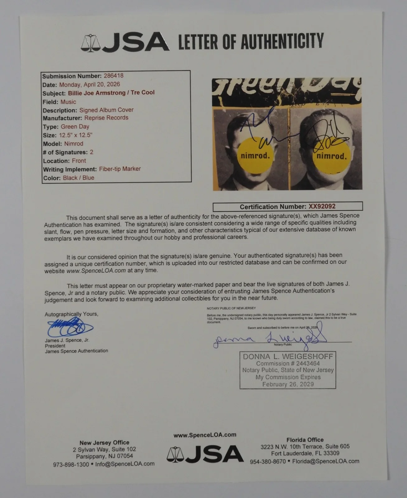 Green Day JSA Signed Autograph Album Record Vinyl Billie Joe Nimrod, изображение 5