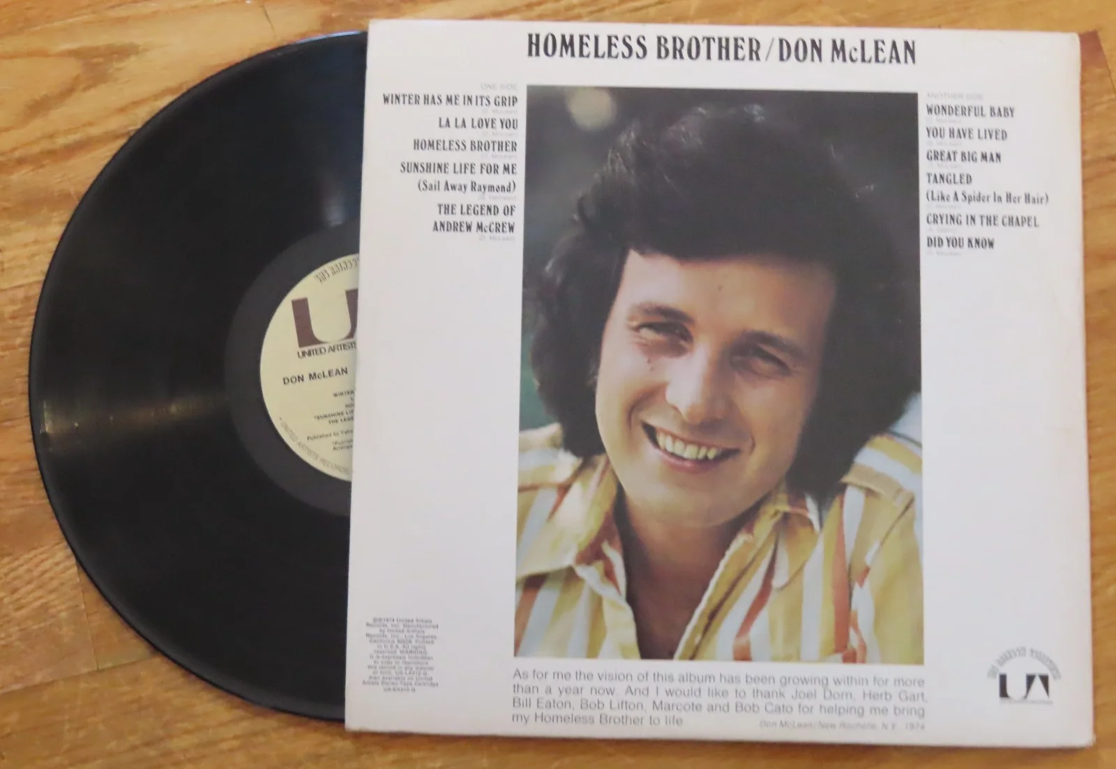 American Singer-Songwriter DON McLEAN signed HOMELESS BROTHER 1974 Record COA, изображение 4