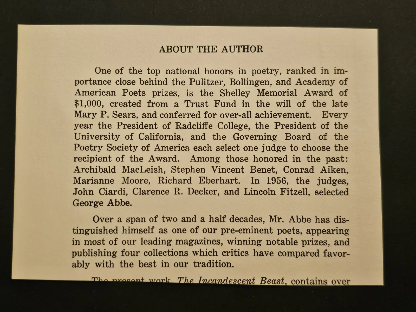 George Abbe Signed Page – Shelley Memorial Award Poet – The Incandescent Beast, изображение 2