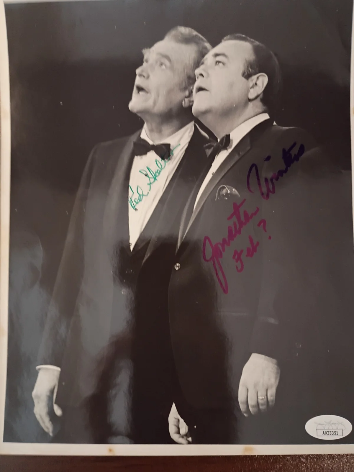 Red Skelton + Jonathan Winters — Comedy Legends Red Skelton + Jonathan Winters signed 7x8 BXW Photo + JSA RARE!