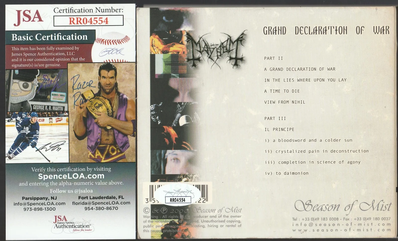 SIGNED MAYHEM CD NECROBUTCHER HELLHAMMER CERTIFIED AUTHENTIC JSA COA # RR04554, image 2