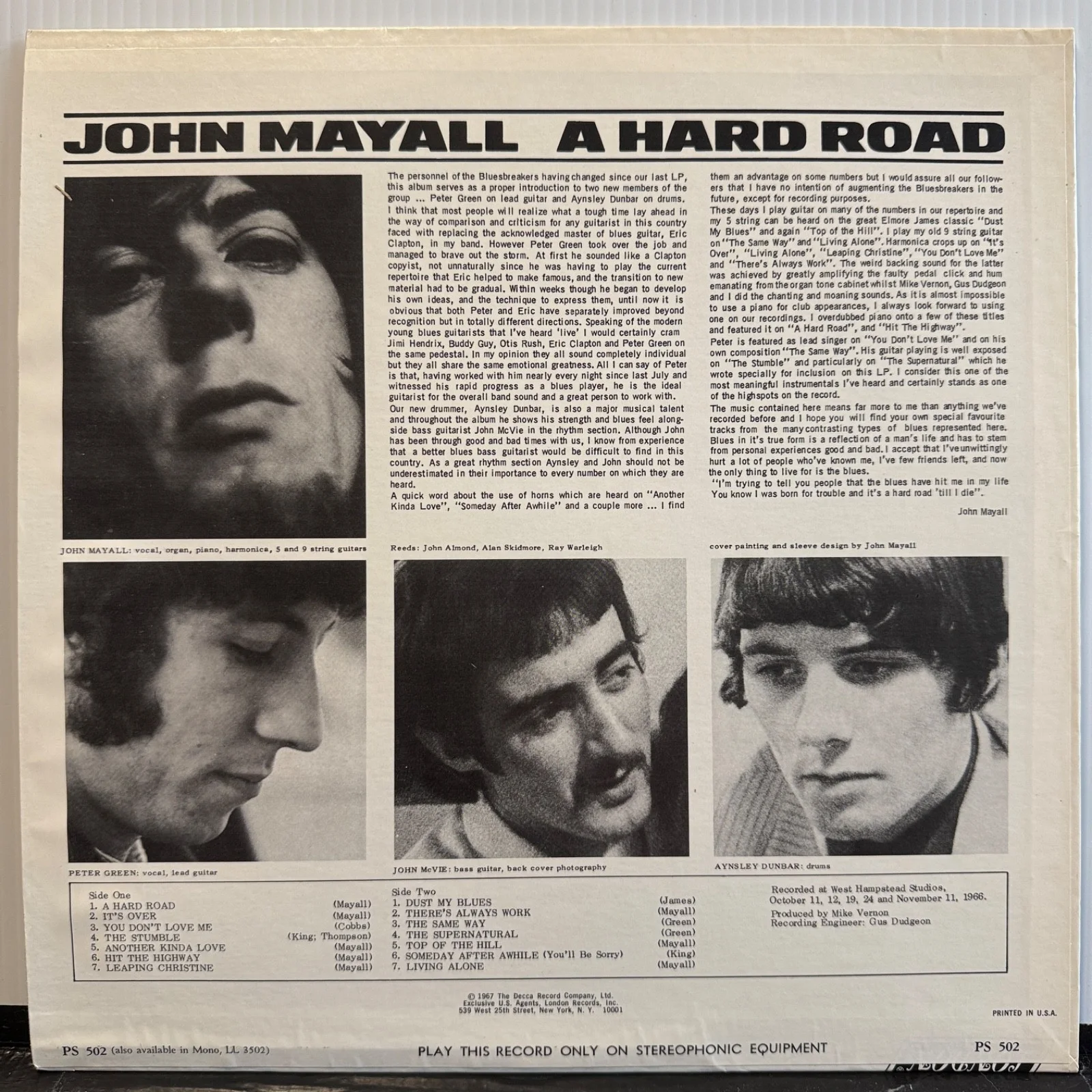 JOHN MAYALL "A Hard Road" AUTOGRAPHED BY JOHN MAYALL usa vinyl album NM!, изображение 3