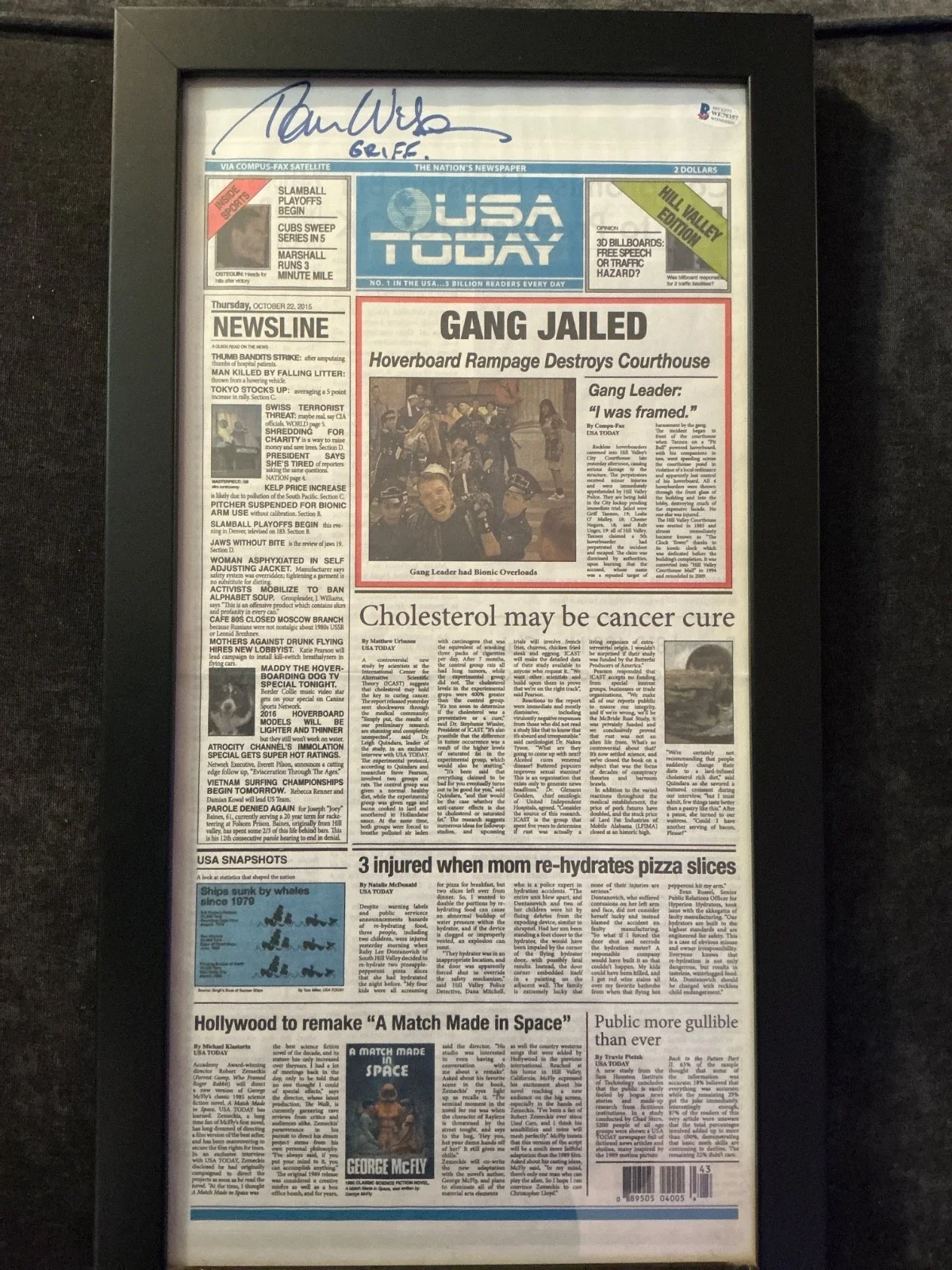 Tom Wilson — Tom Wilson Back To Future 2 Signed USA Today Newspaper Beckett PSA Framed!!, image 2