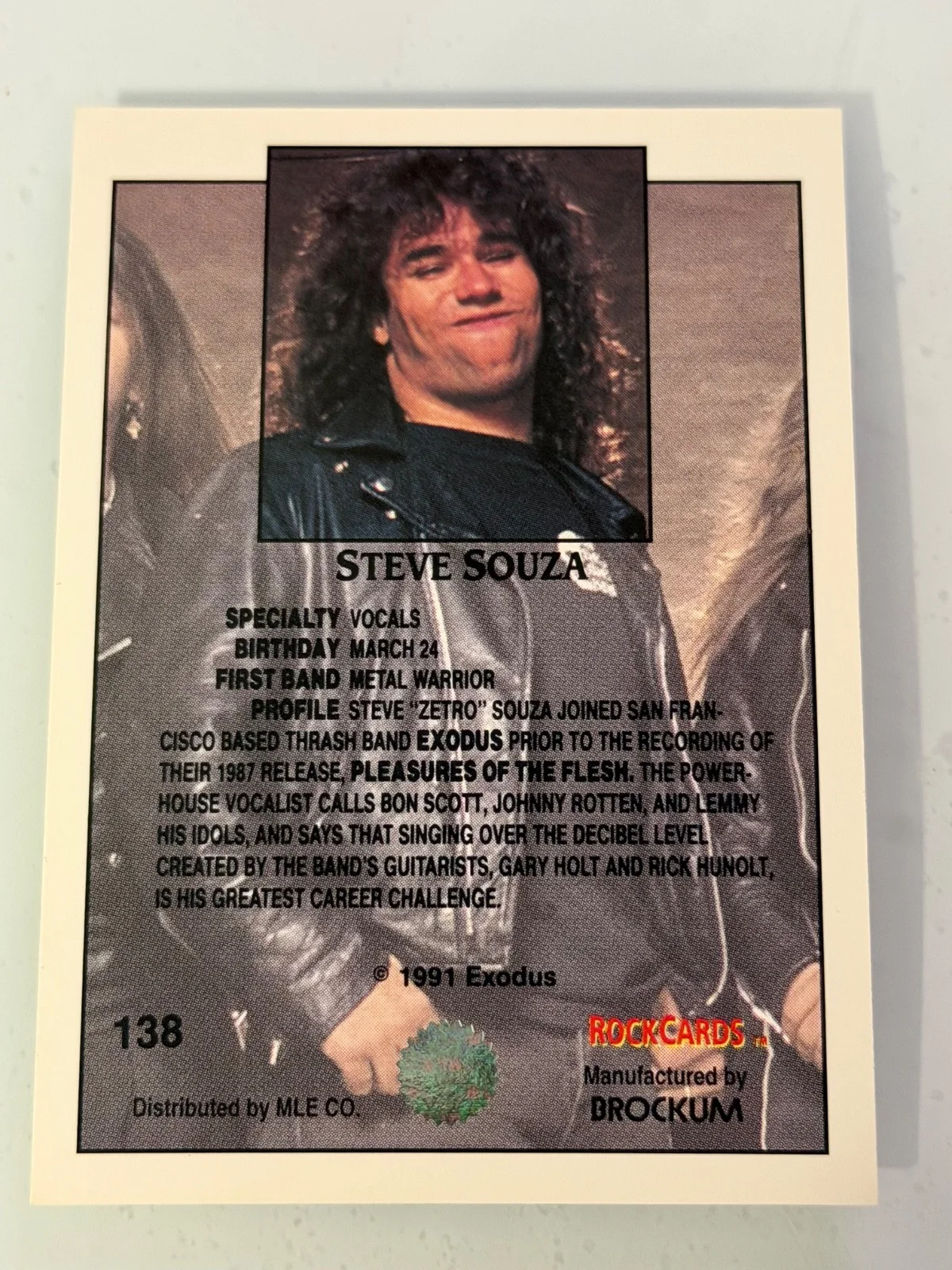 STEVE ZETRO SOUZA of EXODUS SIGNED 1991 BROCKUM ROCK CARD #138, изображение 2