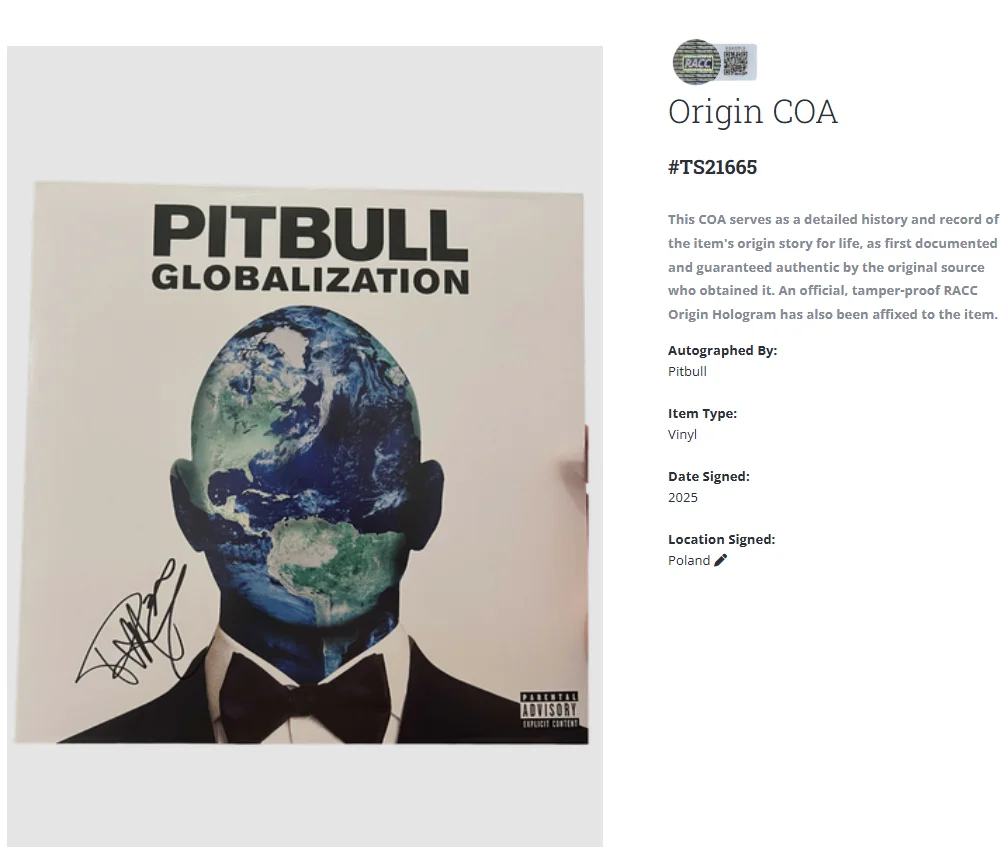 Pitbull Globalization Autographed Signed Album Vinyl LP w/COA, image 2