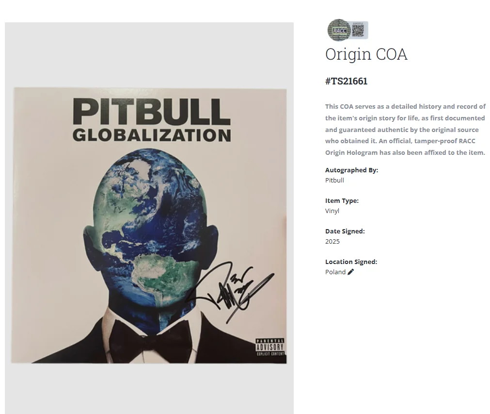 Pitbull Globalization Autographed Signed Album Vinyl LP w/COA, image 2