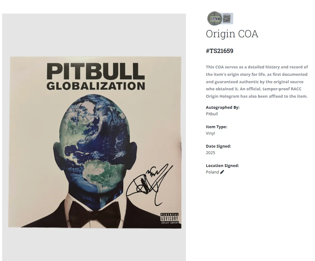 Pitbull Globalization Autographed Signed Album Vinyl LP w/COA, image 2