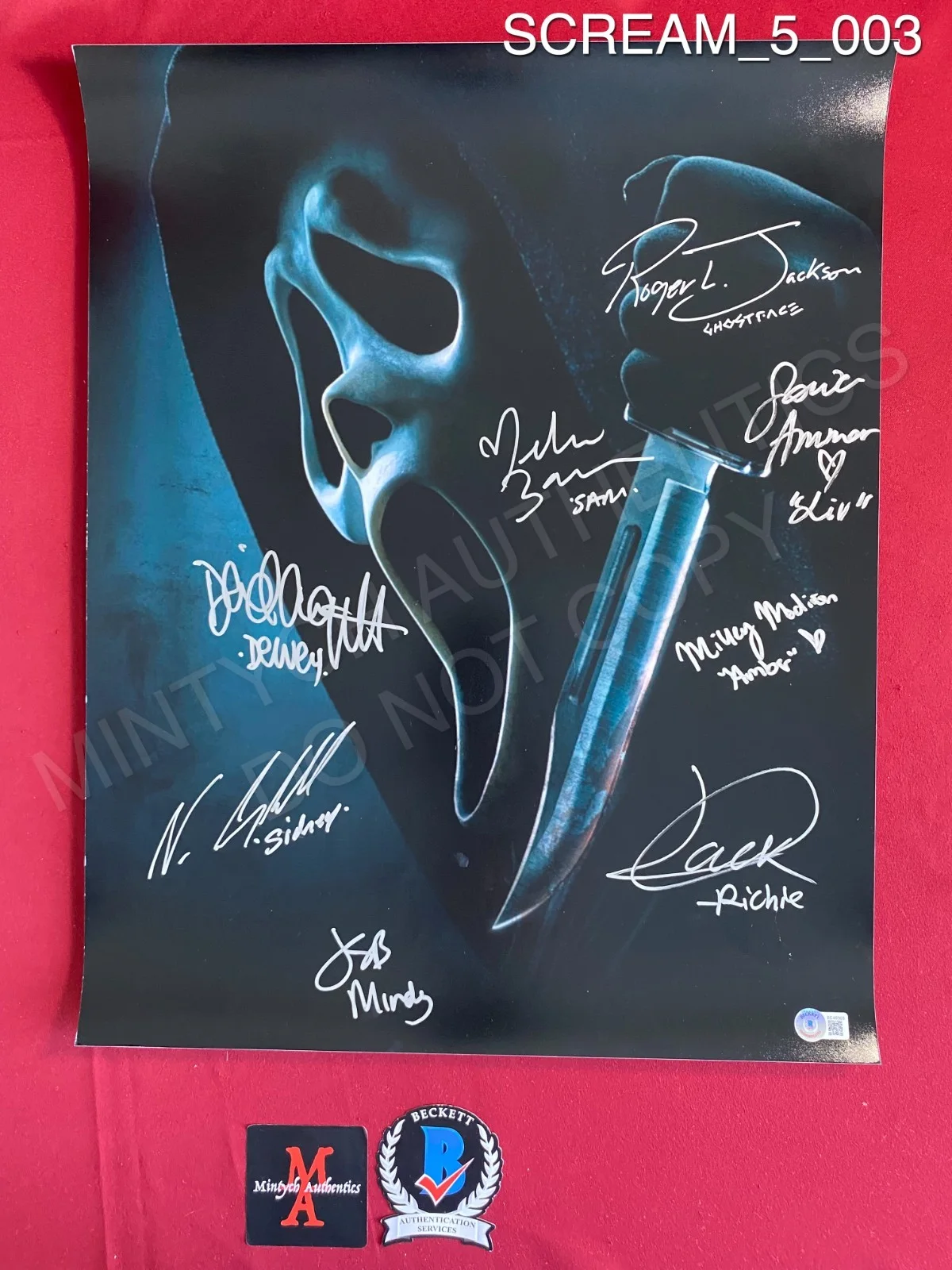 Jasmin Savoy Brown, Roger Jackson, Jack Quaid, Melissa Barrera — Scream 5 cast signed 16x20 photo Mikey Madison Neve Campbell David Arquette +5
