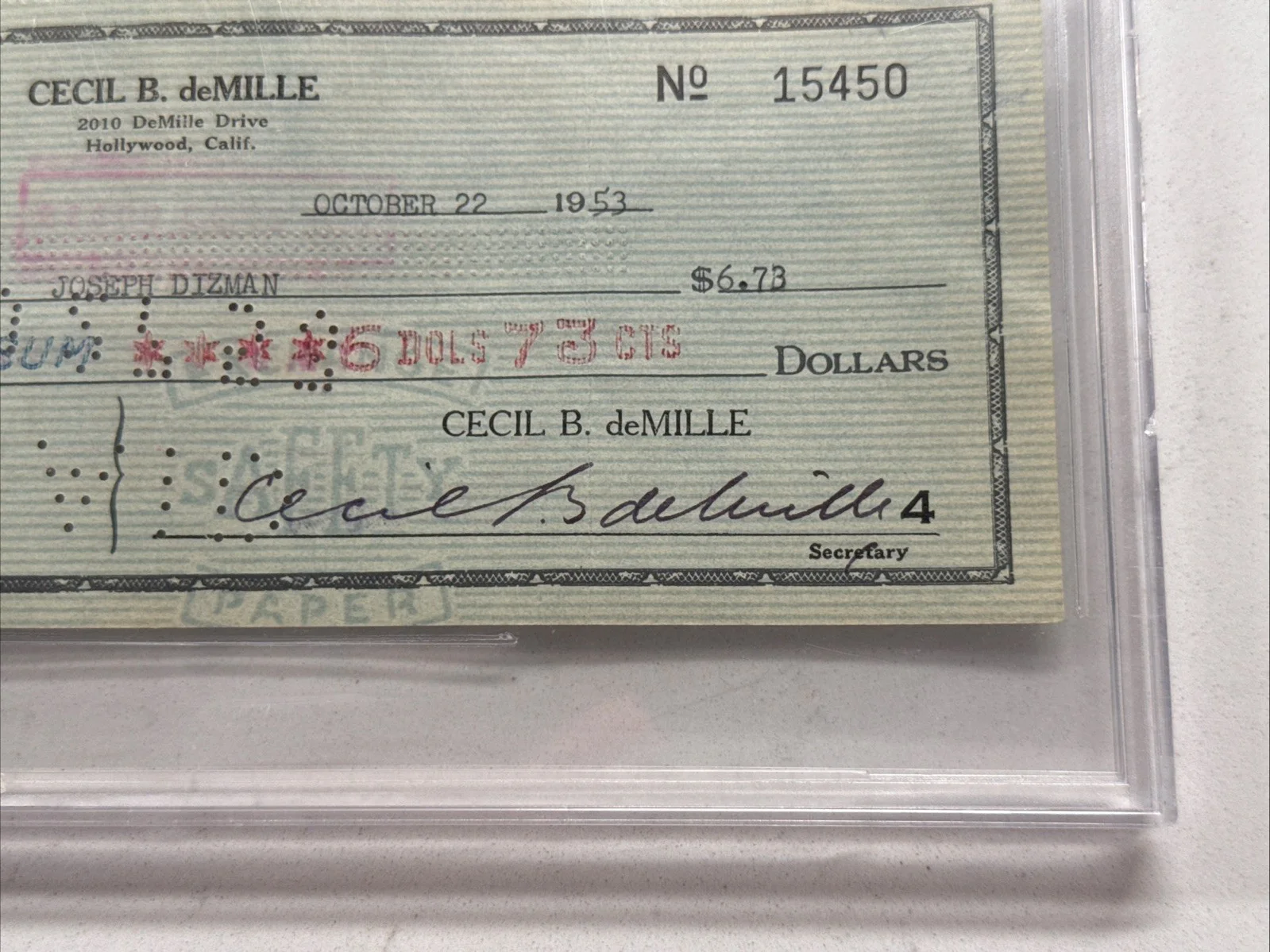 Cecil B. Demille — CECIL B. DEMILLE - AUTOGRAPHED SIGNED CHECK 10/22/1953. BGS Authentication, image 3