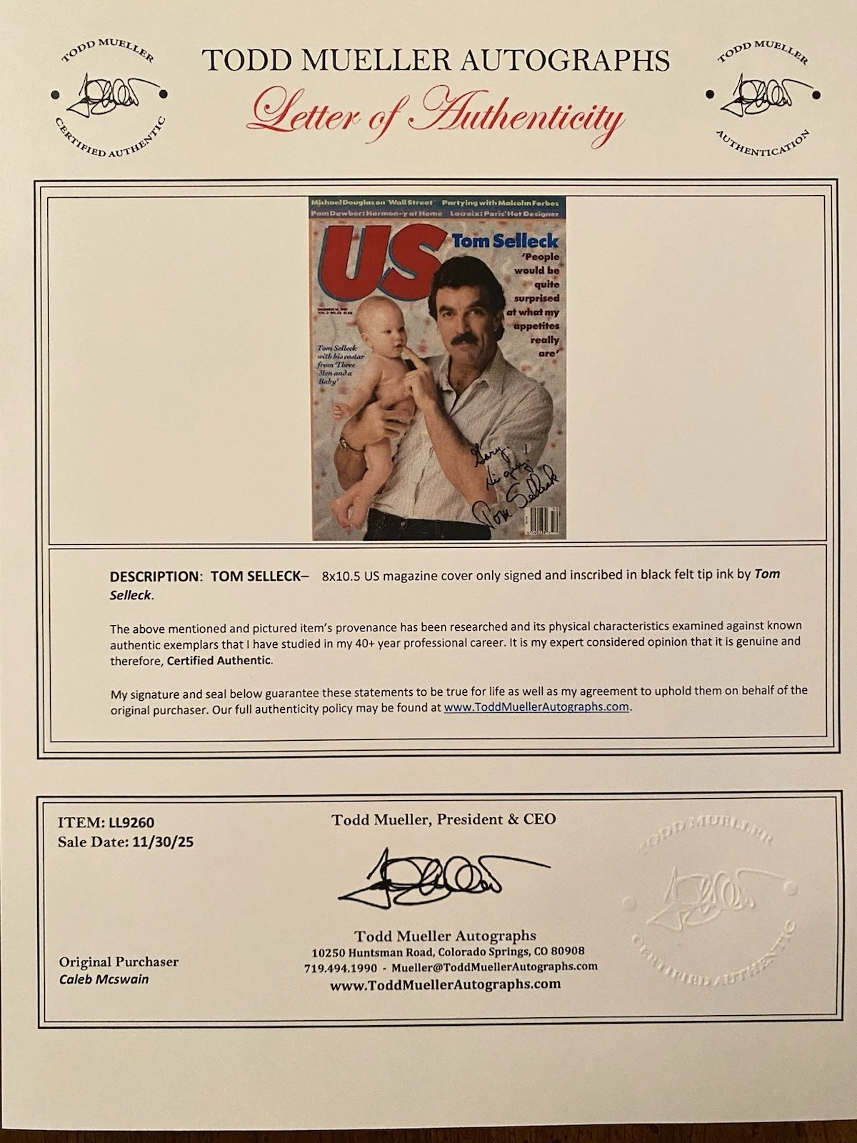 Tom Selleck — Tom Selleck Signed Autographed Magazine Cover With COA Three Men And A Baby, image 4