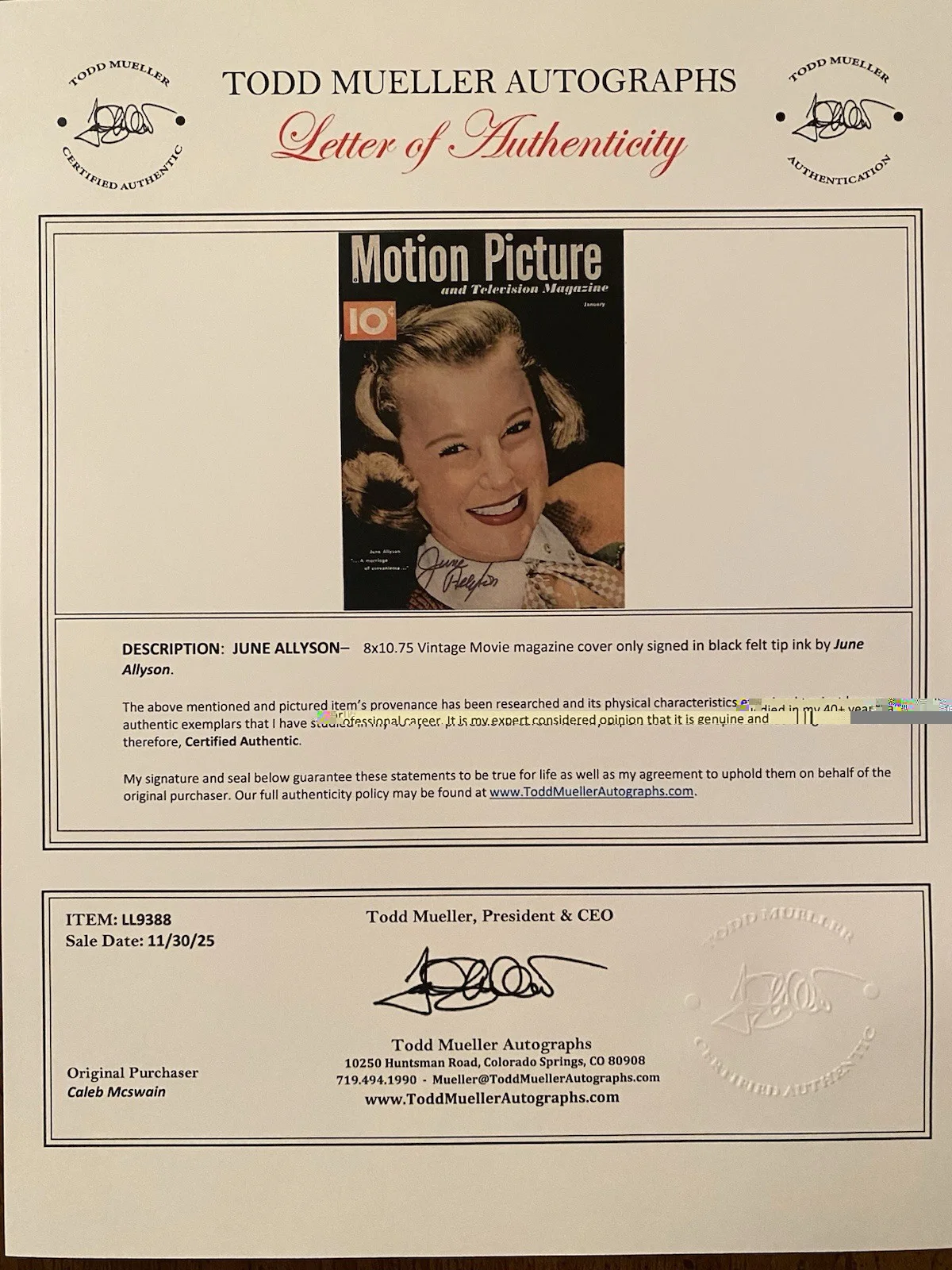 June Allyson — June Allyson Signed Autographed Vintage Motion Picture Magazine With COA, изображение 4
