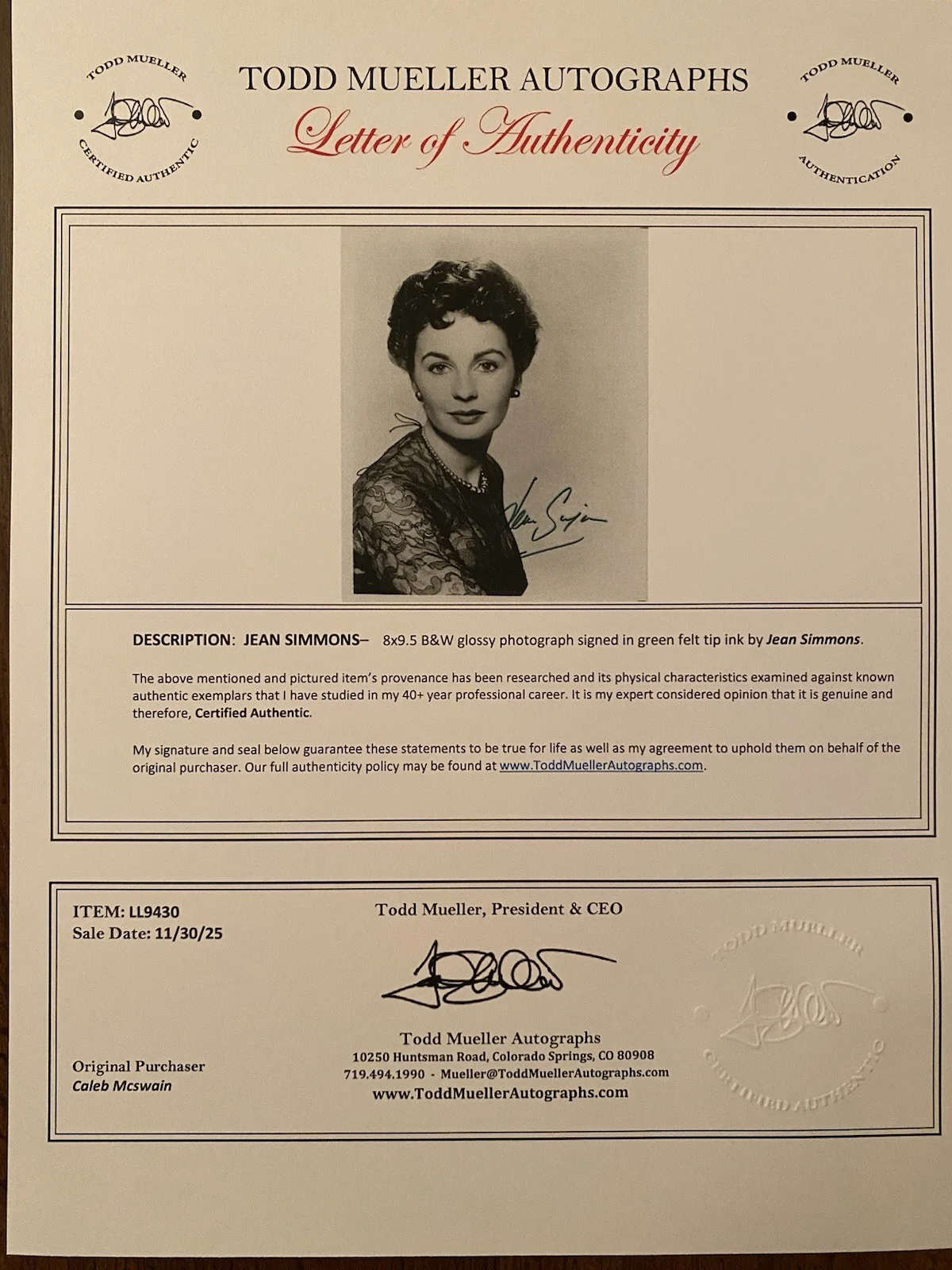 Jean Simmons — Jean Simmons Signed Autographed Photo With COA Spartacus Elmer Gantry Big Countr, image 4