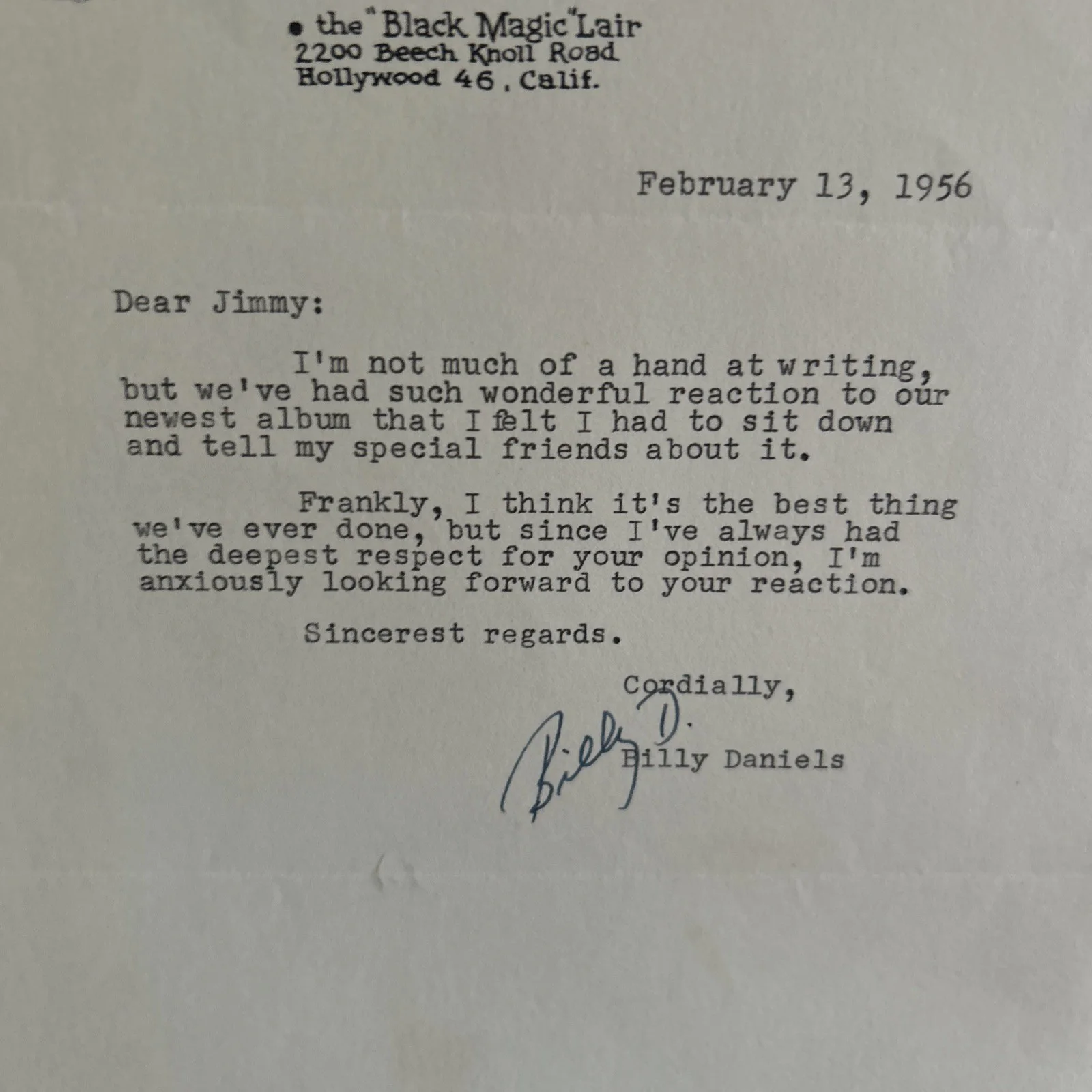 Billy Daniels Signed Personal Typed Letter 1956 Black Magic Lair Letterhead s967, изображение 2