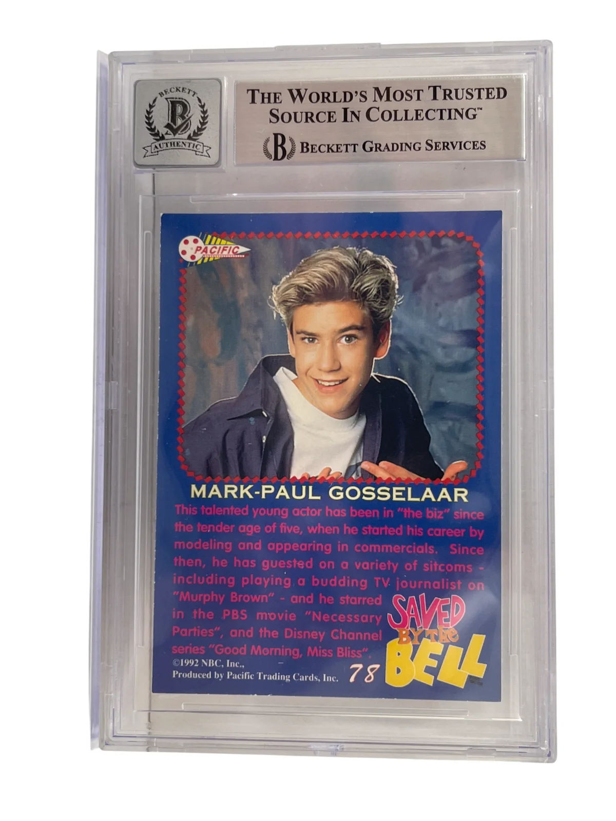 Mark-Paul Gosselaar — Mark-Paul Gosselaar Signed Saved by the Bell 1992 Pacific Card #78 Beckett 10, изображение 3