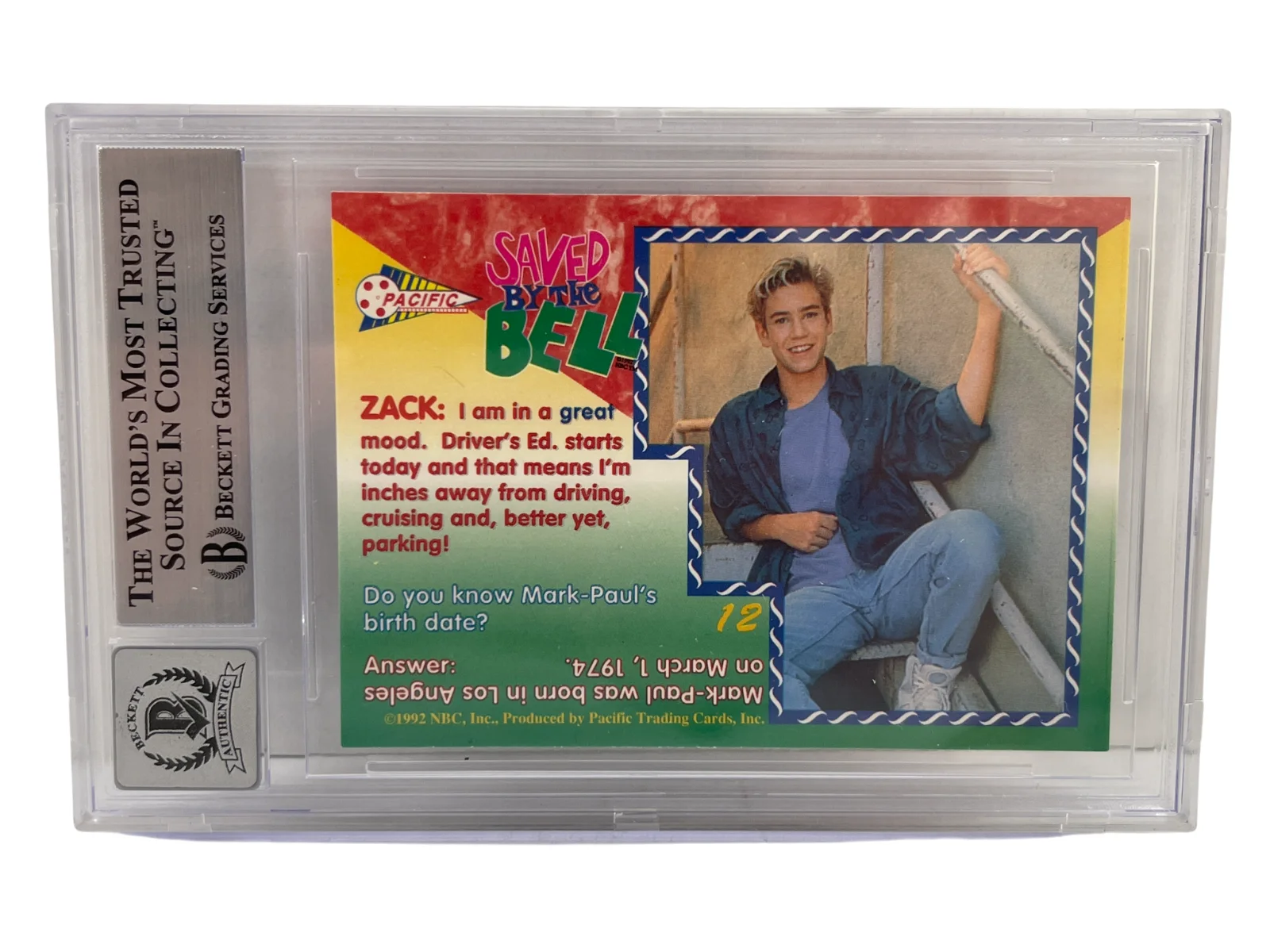 Mark-Paul Gosselaar — Mark-Paul Gosselaar Signed Saved by the Bell 1992 Pacific Card #12 Beckett 10, изображение 3