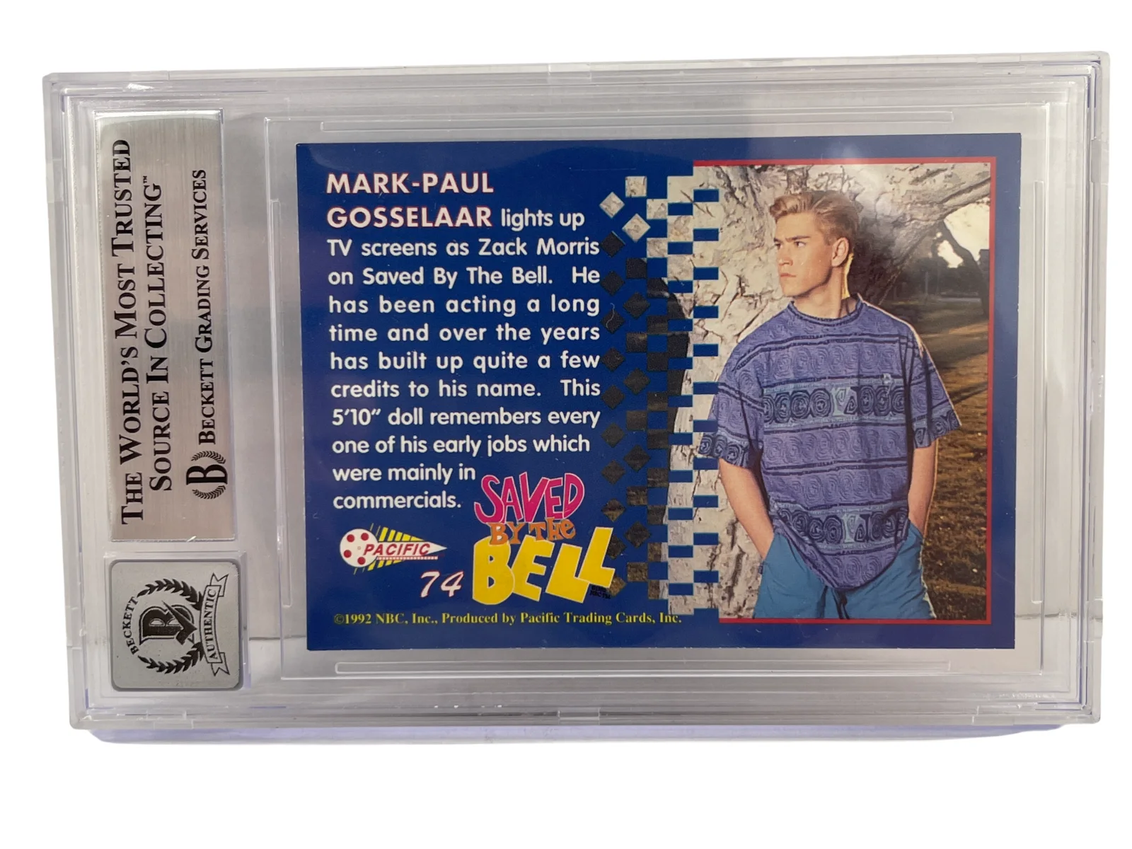 Mark-Paul Gosselaar — Mark-Paul Gosselaar Signed Saved by the Bell 1992 Pacific Card #74 Beckett 10, изображение 3
