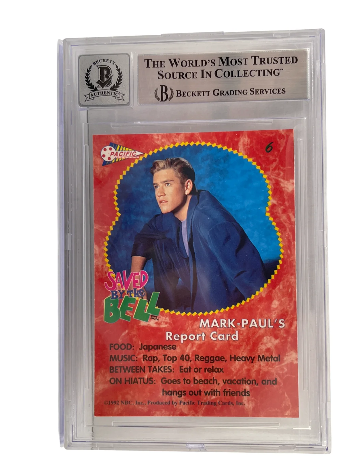 Mark-Paul Gosselaar — Mark-Paul Gosselaar Signed Saved by the Bell 1992 Pacific Card #6 Beckett 10, изображение 3
