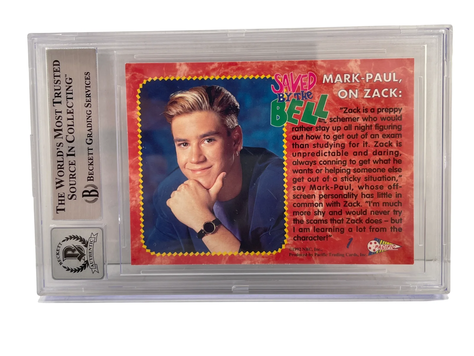 Mark-Paul Gosselaar — Mark-Paul Gosselaar Signed Saved by the Bell 1992 Pacific Card #1 Beckett 10, изображение 3