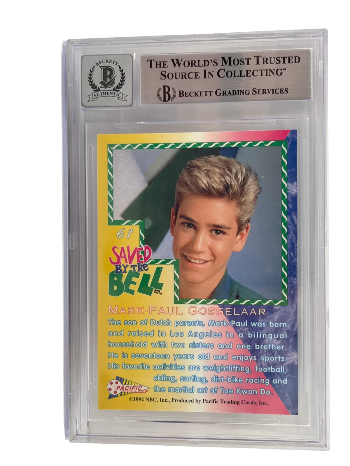 Mark-Paul Gosselaar — Mark-Paul Gosselaar Signed Saved by the Bell 1992 Pacific Card #61 Beckett 10, изображение 3