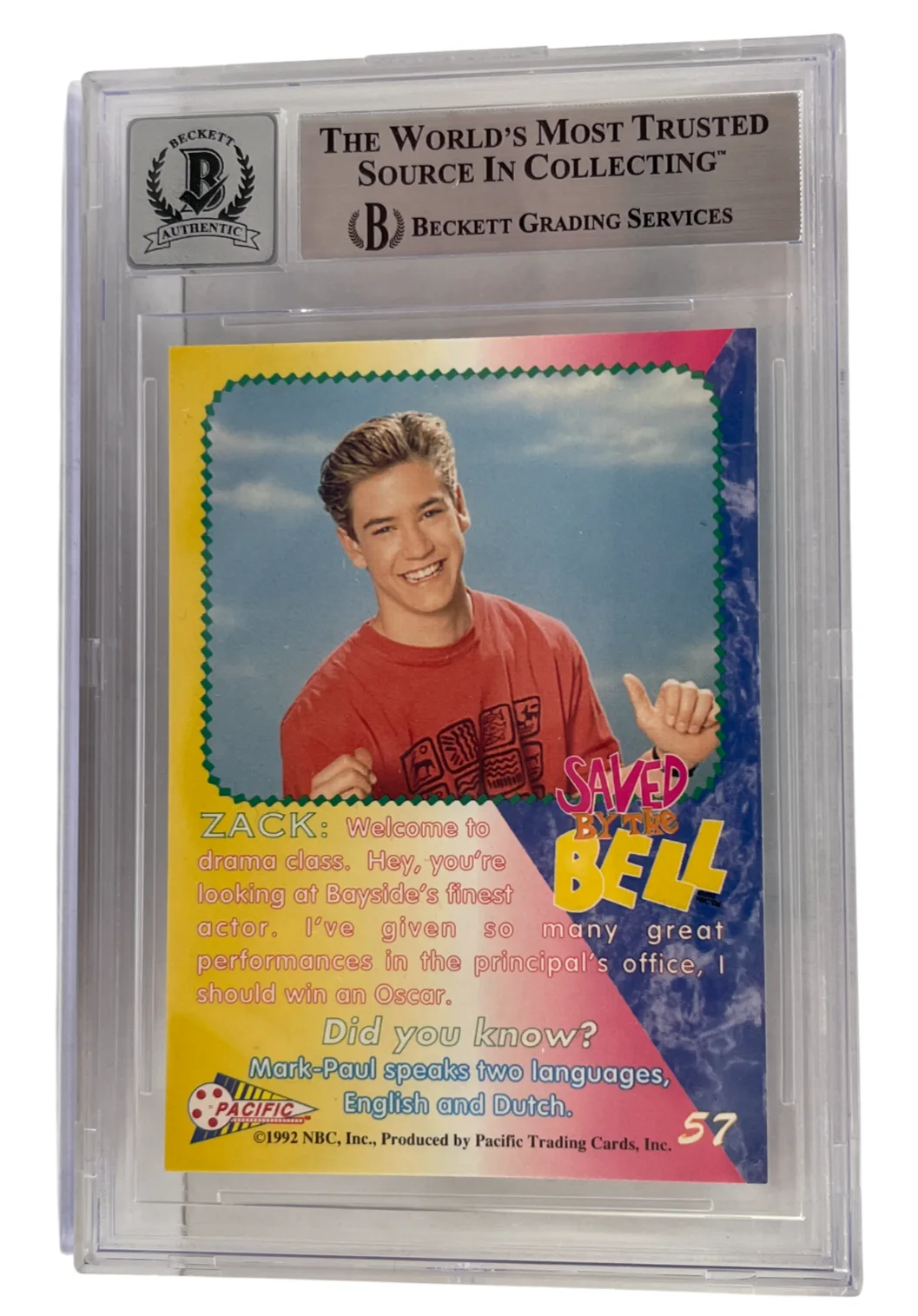 Mark-Paul Gosselaar — Mark-Paul Gosselaar Signed Saved by the Bell 1992 Pacific Card #57 Beckett 10, изображение 3