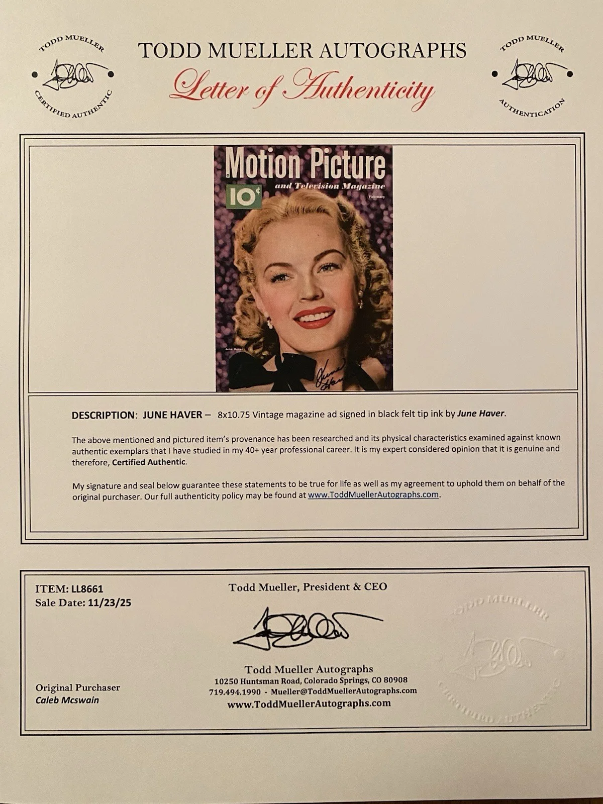 June Haver — June Haver Signed Autographed Motion Picture Magazine With COA The Girl Next Doo, изображение 4