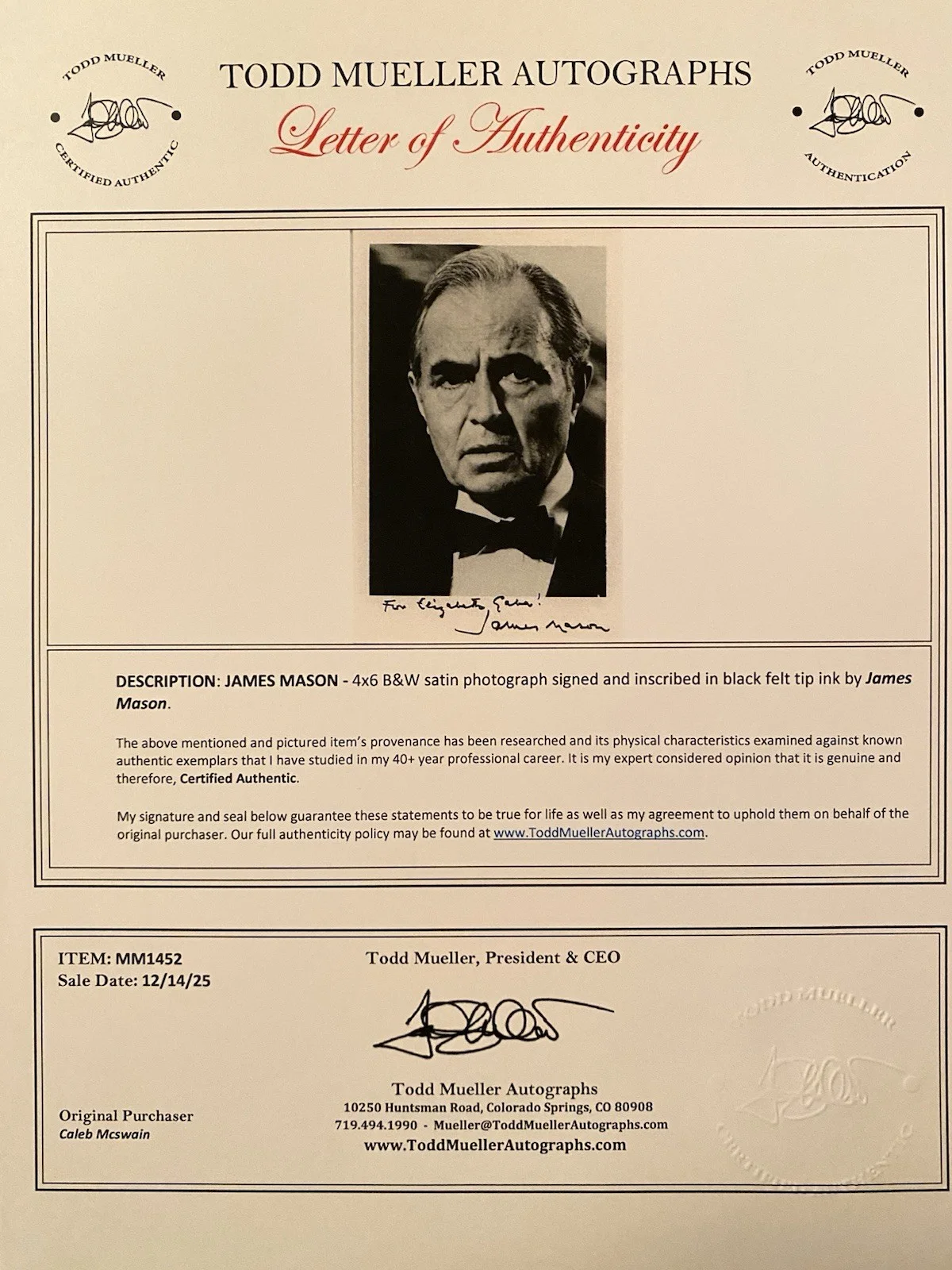 James Mason — James Mason Signed Autographed Photo With COA Lolita The Verdict Heaven Can Wait, изображение 4