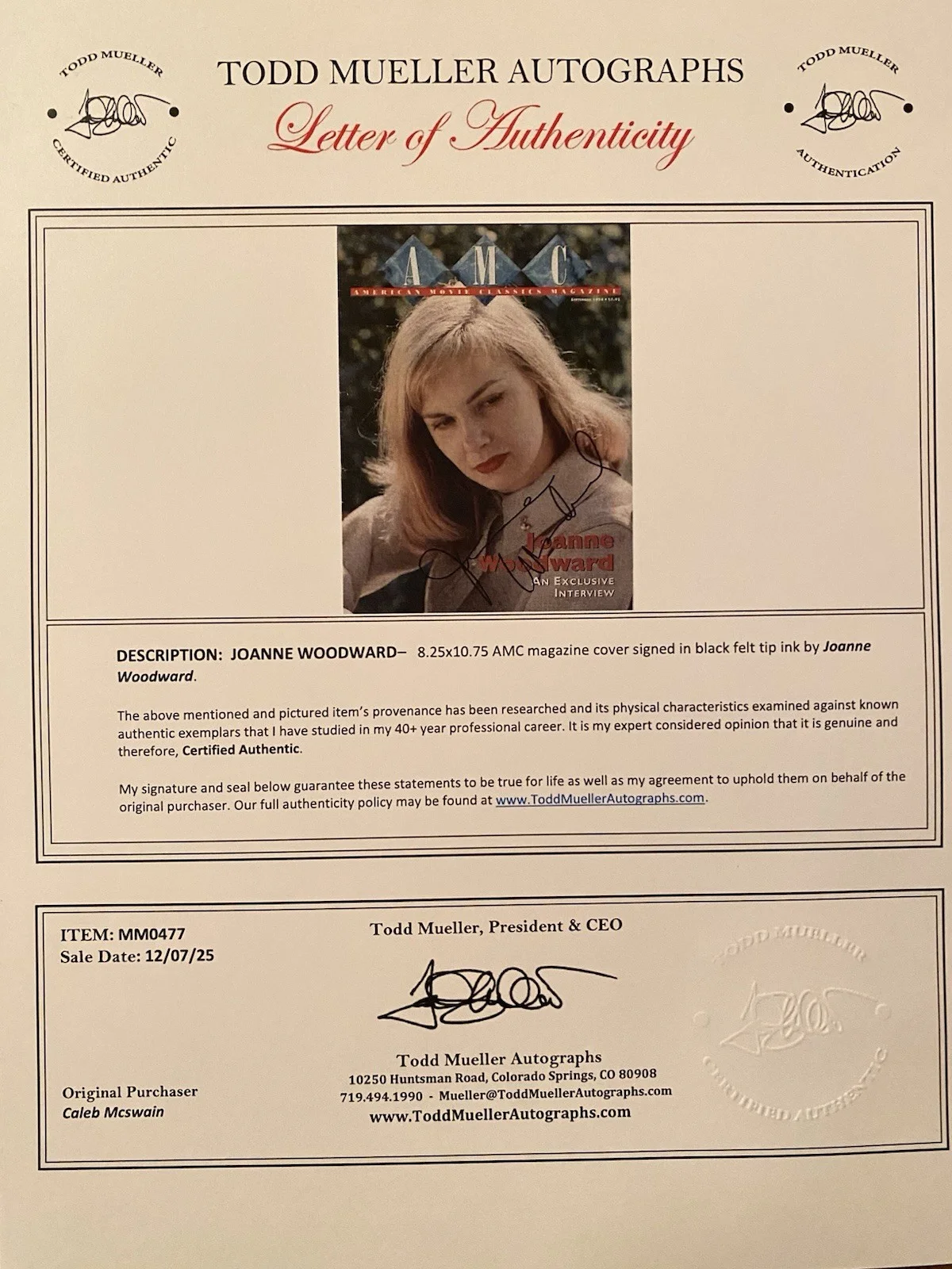 Joanne Woodward — Joanne Woodward Signed Autographed AMC Magazine With COA Long Hot Summer, image 4
