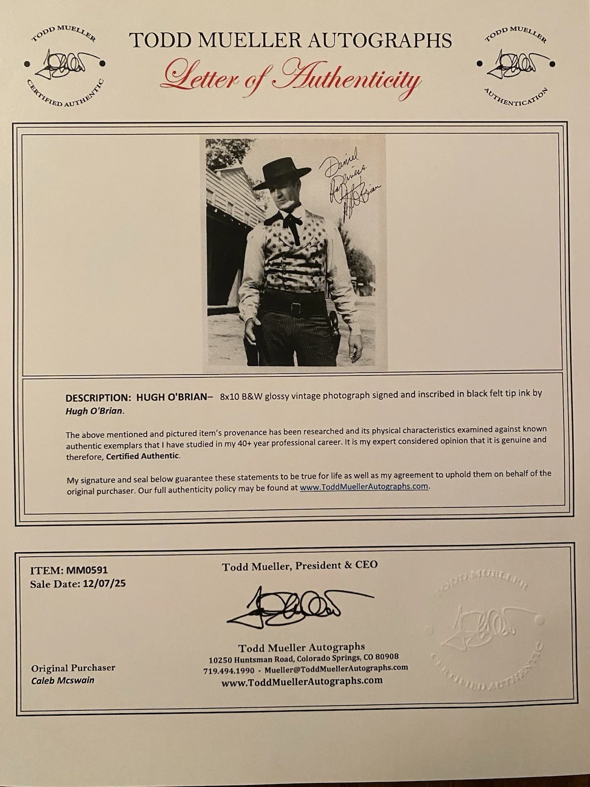 Hugh O’Brian — Hugh O’Brian Signed Autographed Photo With COA The Life And Legend Of Wyatt Earp, изображение 4