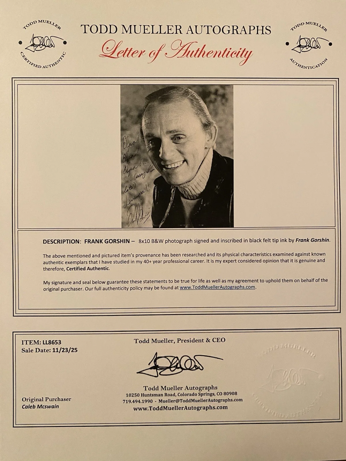 Frank Gorshin — Frank Gorshin Signed Autographed Photo With COA Batman 66 The Riddler Star Trek, изображение 4