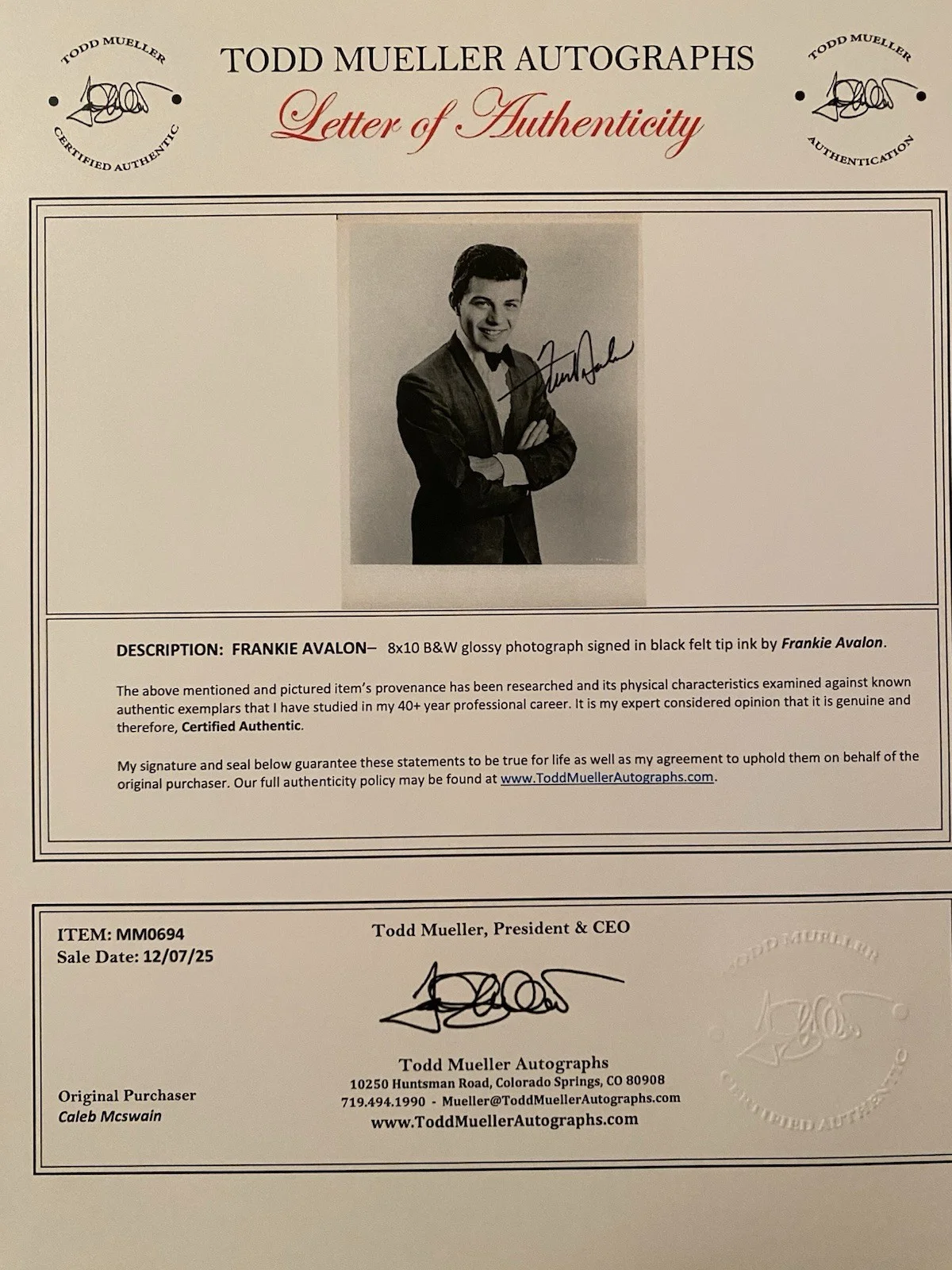 Frankie Avalon Signed Autographed Photo With COA Venus Why Beach Party Movies, изображение 4