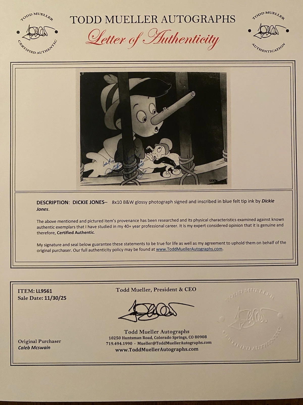 Dickie Jones — Dickie Jones Signed Autographed 10x8 Pinocchio Photo With COA Disney Voice Actor, изображение 4