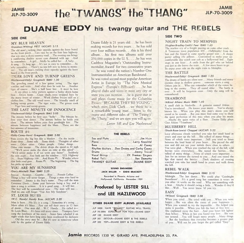 DUANE EDDY "HIS "TWANGY GUITAR AND THE REBELS" LP ALBUM A GREAT COLLECTABLE, изображение 2
