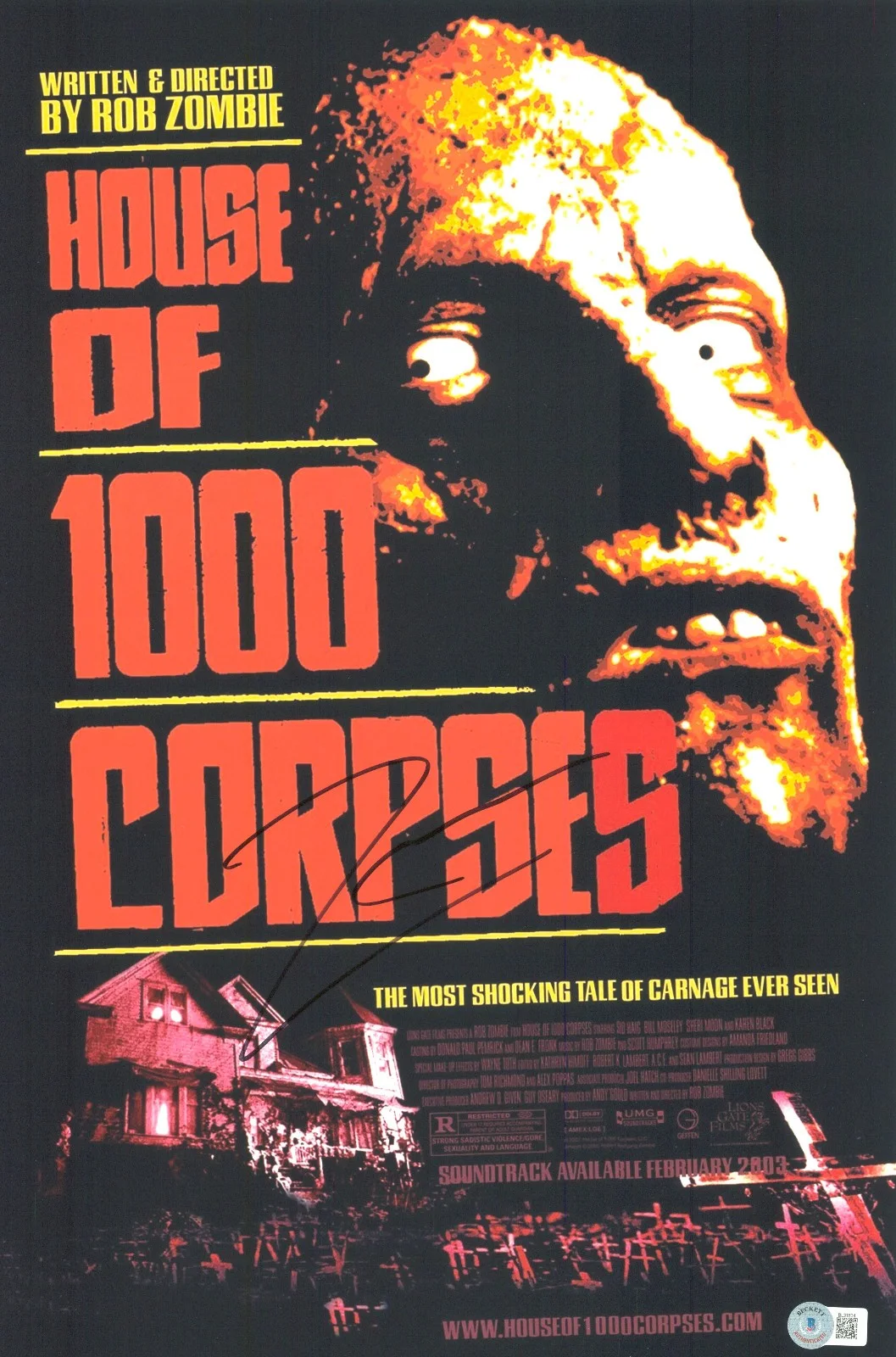 ROB ZOMBIE — ROB ZOMBIE SIGNED AUTOGRAPH HOUSE OF 1000 CORPSES 12X18 PHOTO POSTER BAS BECKETT