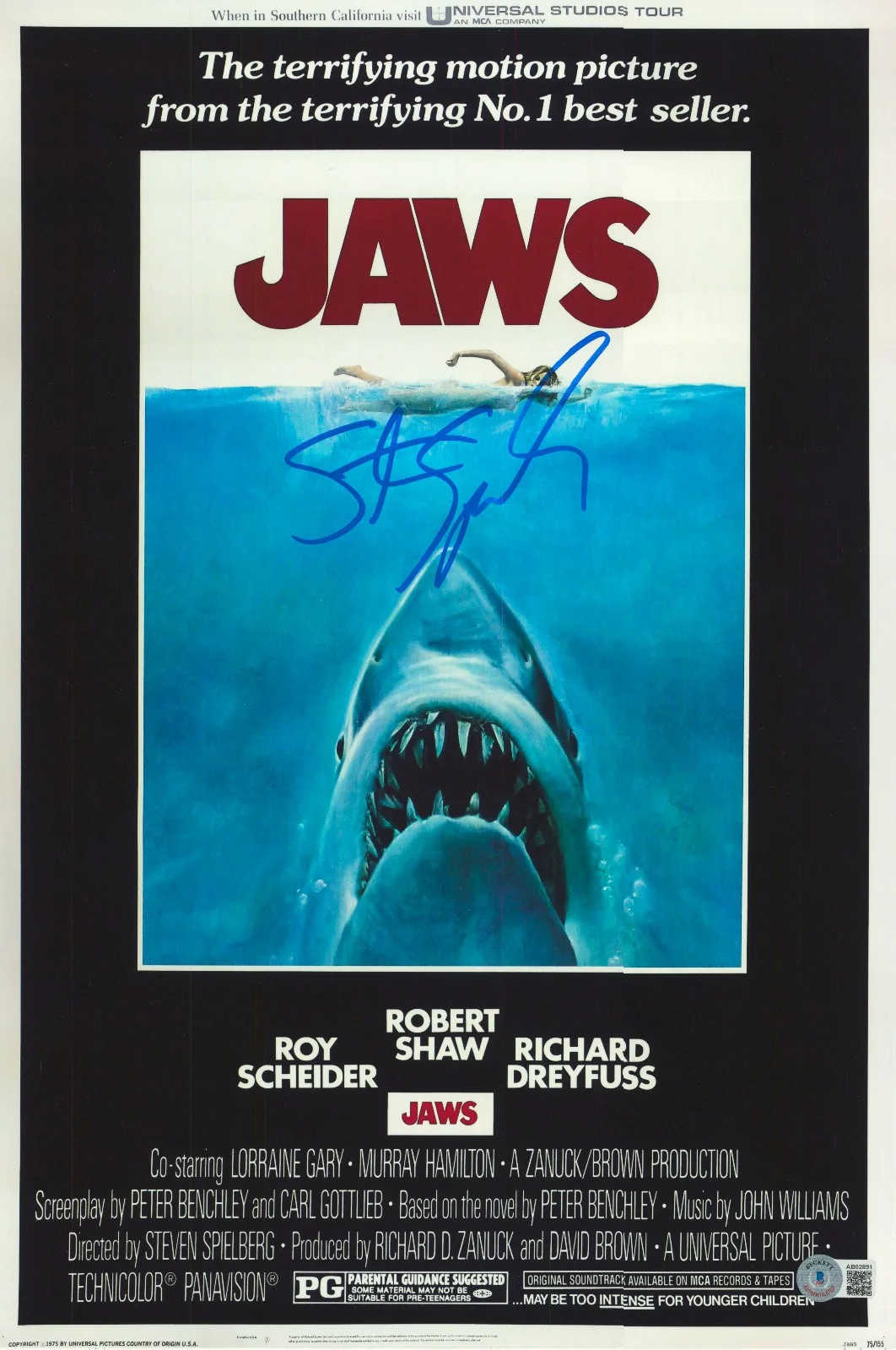 STEVEN SPIELBERG — STEVEN SPIELBERG SIGNED AUTOGRAPH JAWS 12X18 PHOTO BECKETT BAS