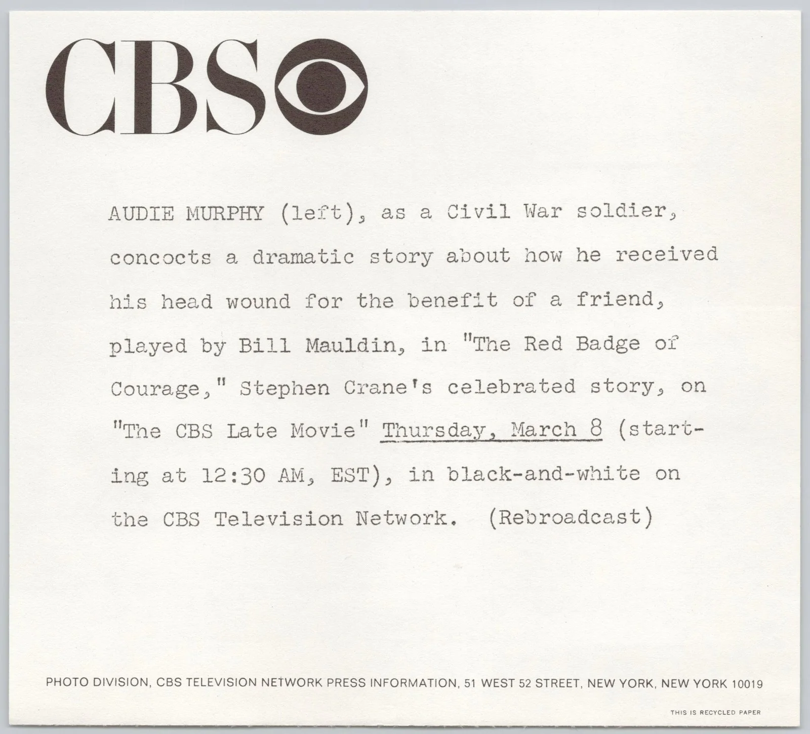 Audie Murphy & Bill Mauldin Photograph Red Badge Courage CBS Movie Still Photo, изображение 3
