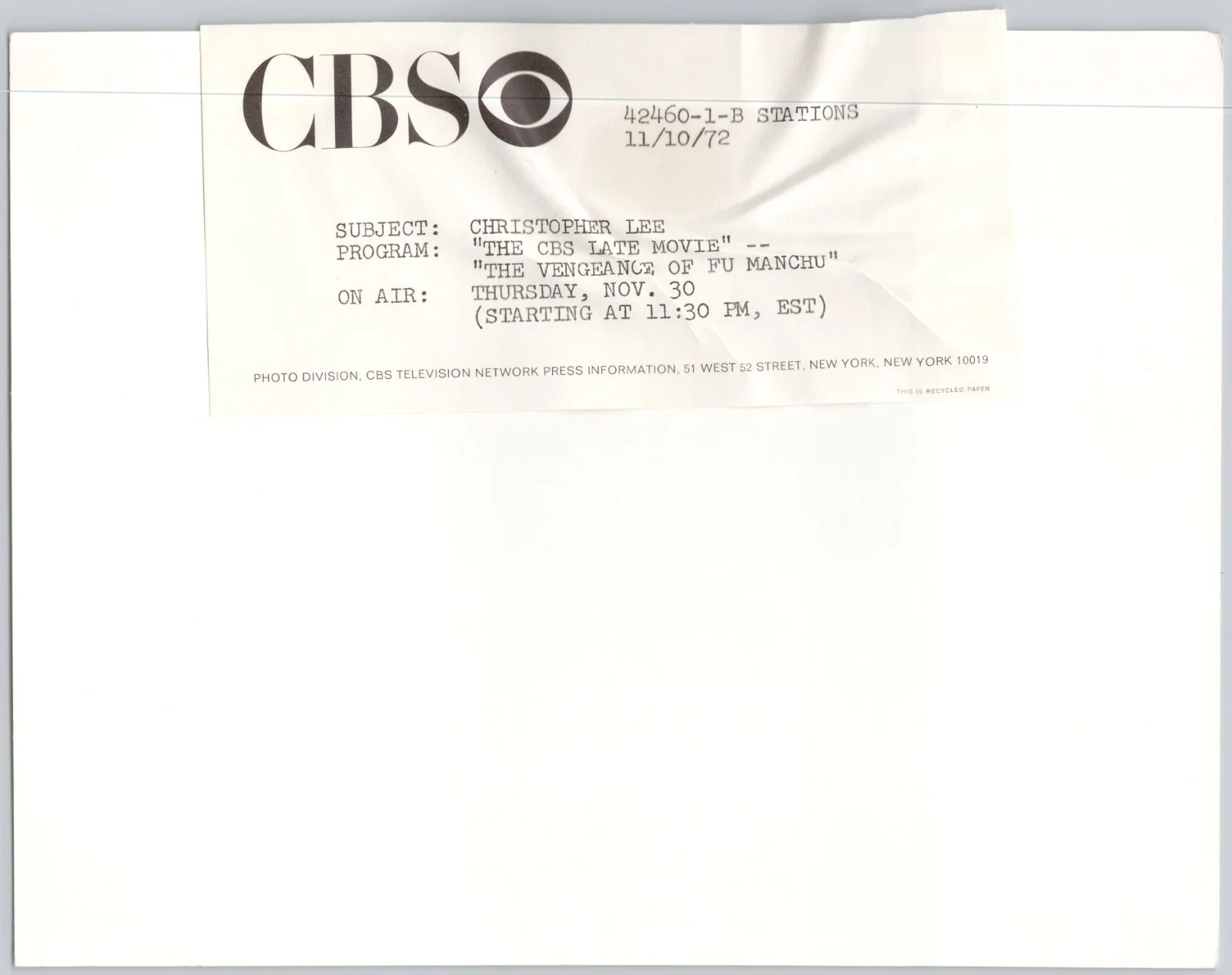 Christopher Lee Photograph Fu Manchu CBS 1960s Movie Still Photo, изображение 2