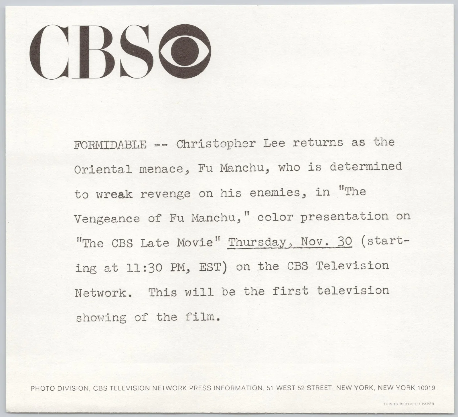 Christopher Lee Photograph Fu Manchu CBS 1960s Movie Still Photo, изображение 3