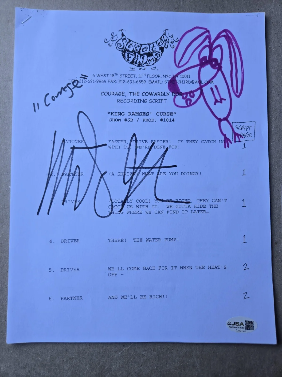 Marty Grabstein — Marty Grabstein Signed Courage The Cowardly Dog King Ramses Script copy/SKETCH!, image 2