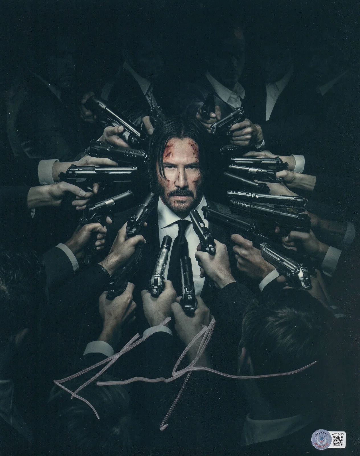 KEANU REEVES — KEANU REEVES SIGNED JOHN WICK 11X14 METALLIC PHOTO AUTOGRAPH BAS BECKETT COA