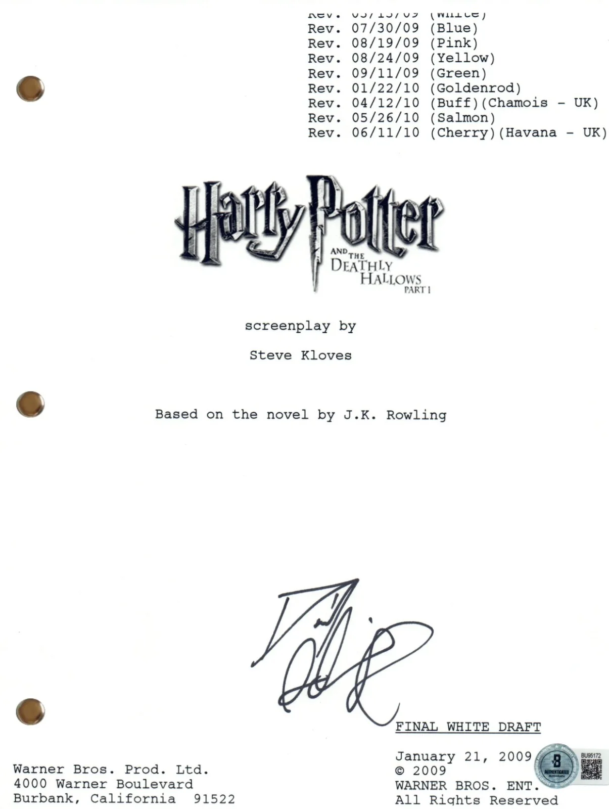 Daniel Radcliffe — Daniel Radcliffe Signed Harry Potter & the Deathly Hallows Pt 1 Movie Script BAS, image 2