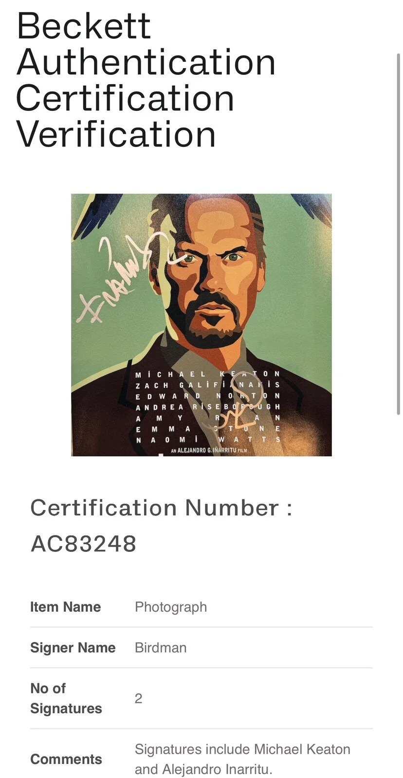 Michael Keaton — MICHAEL KEATON + ALEJANDRO INNARITU SIGNED BIRDMAN 11X17 POSTER PHOTO BAS COA(B), image 5
