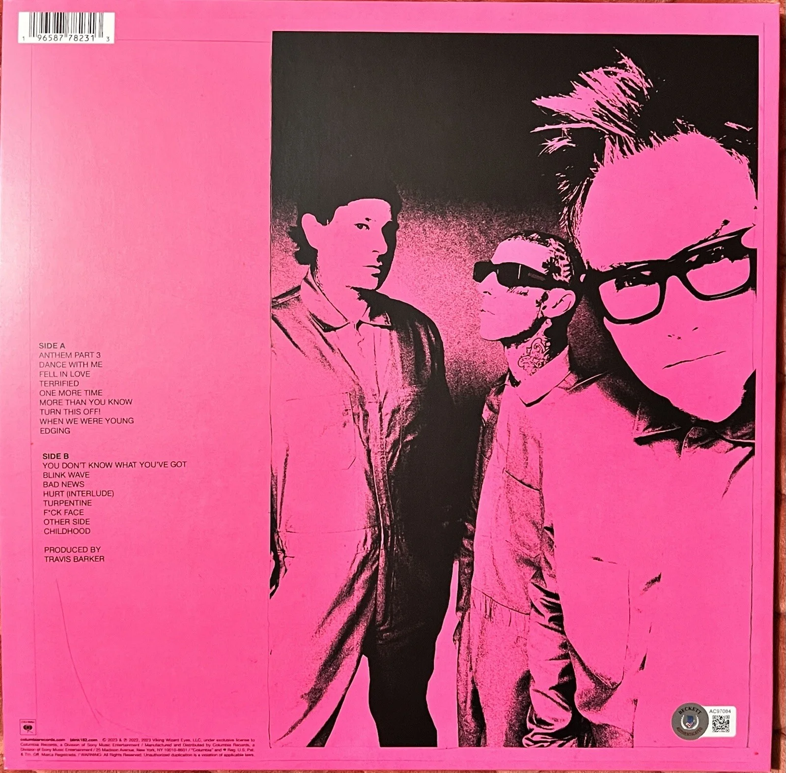 BLINK 182 SIGNED AUTOGRAPH VINYL TRAVIS BARKER MARK HOPPUS TOM DELONGE BECKETT-C, image 3