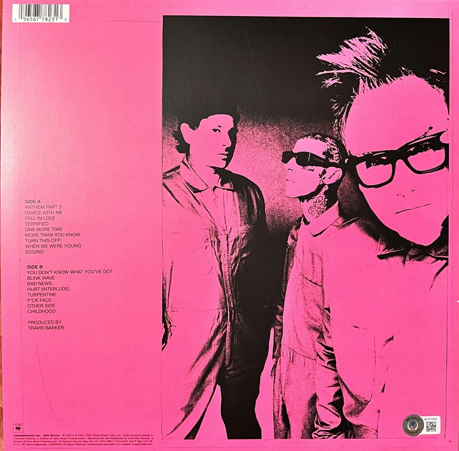 BLINK 182 SIGNED AUTOGRAPH VINYL TRAVIS BARKER MARK HOPPUS TOM DELONGE BECKETT-B, изображение 3