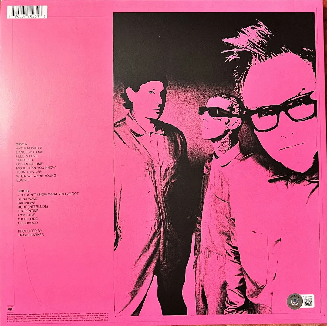 BLINK 182 SIGNED AUTOGRAPH VINYL TRAVIS BARKER MARK HOPPUS TOM DELONGE BECKETT-A, изображение 2