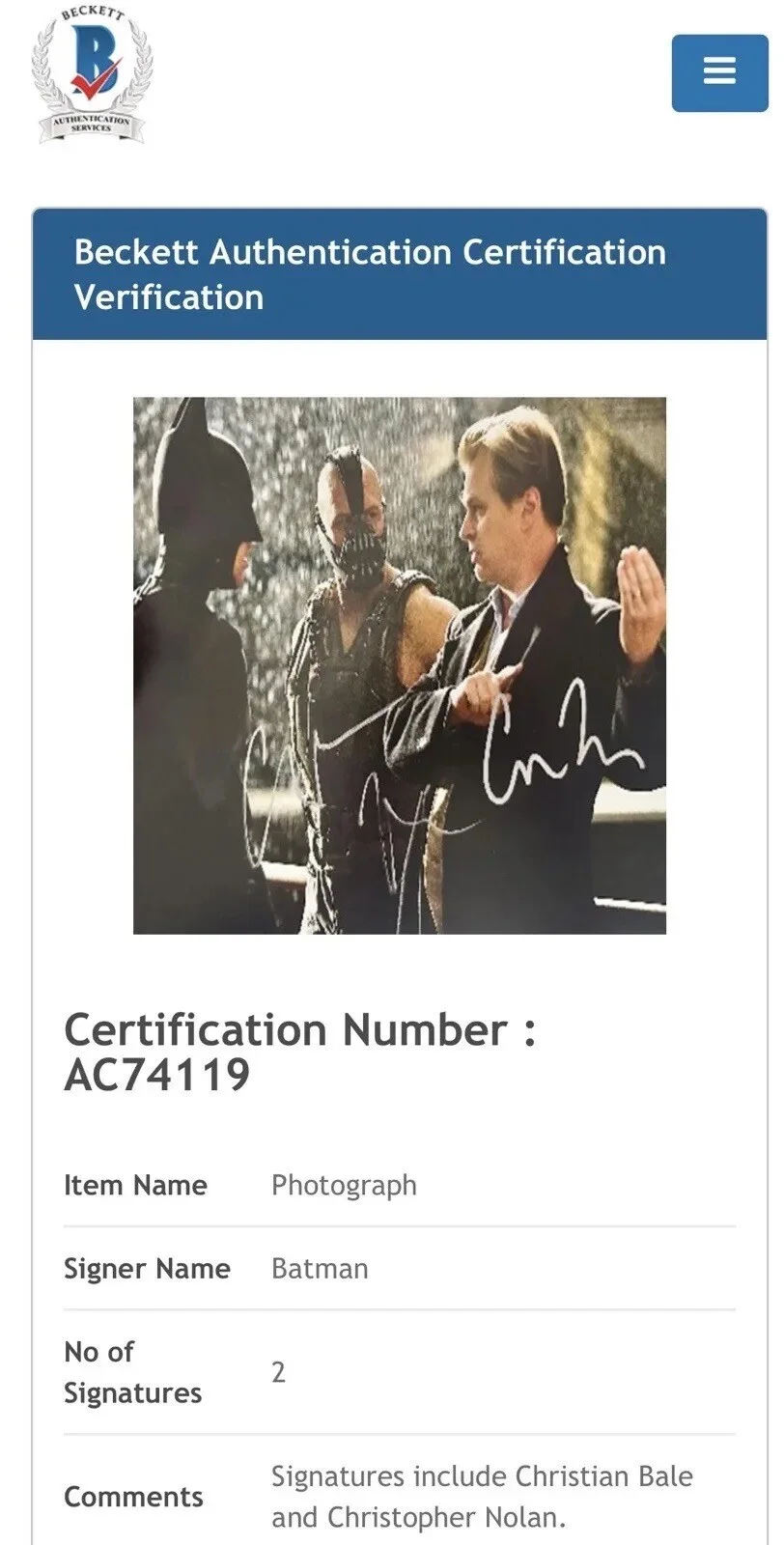 Christopher Nolan — CHRISTIAN BALE CHRISTOPHER NOLAN SIGNED 11X14 PHOTO THE DARK KNIGHT RISES BAS, изображение 2