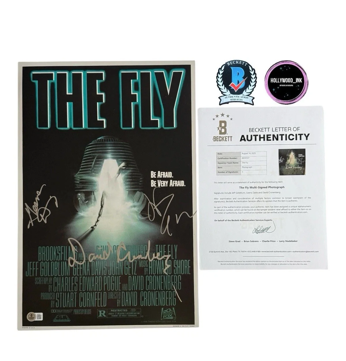 David Cronenberg Jeff Goldblum Geena Davis — DAVID CRONENBERG JEFF GOLDBLUM GEENA DAVIS SIGNED THE FLY 12x18 PHOTO BECKETT-D