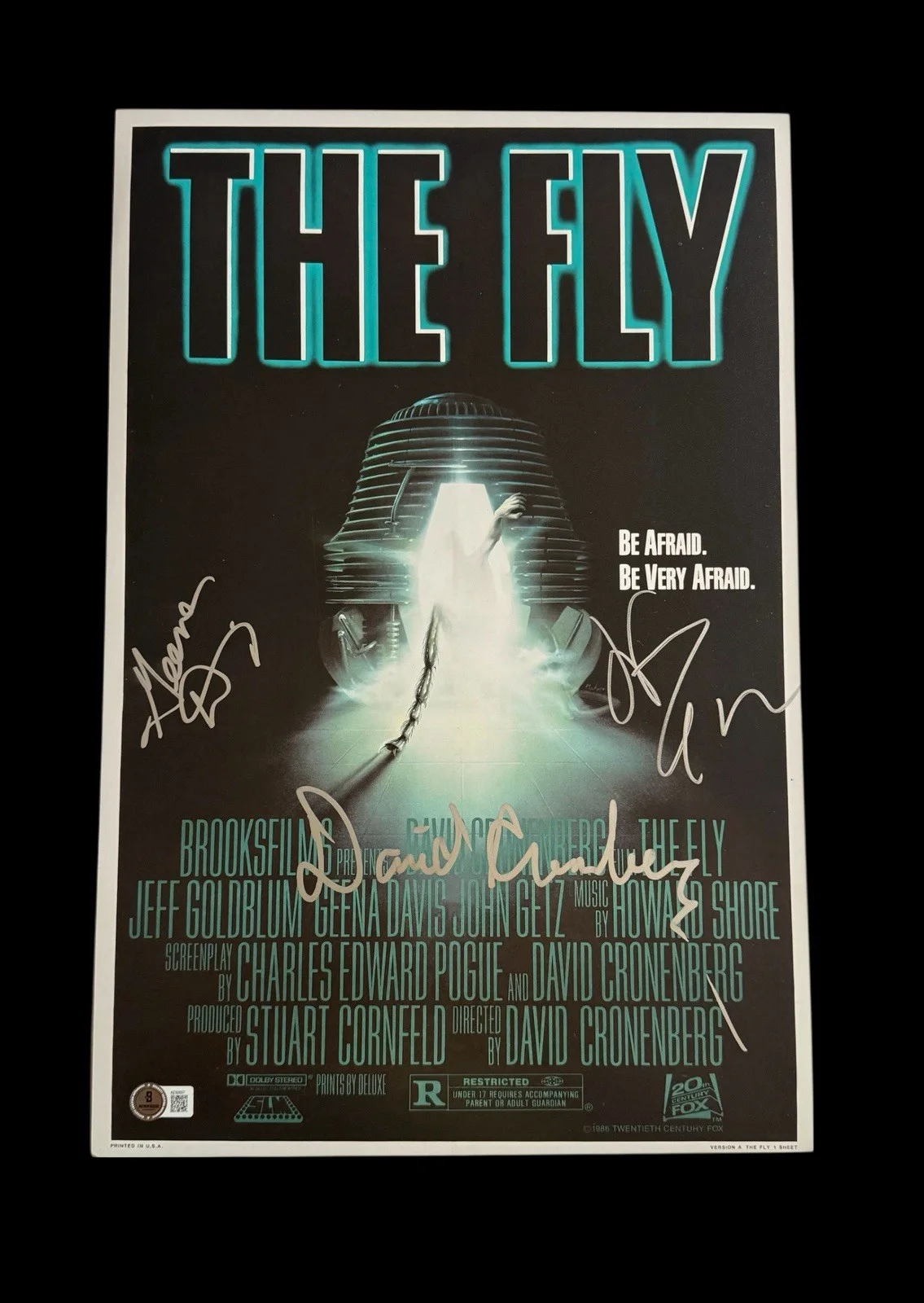 David Cronenberg Jeff Goldblum Geena Davis — DAVID CRONENBERG JEFF GOLDBLUM GEENA DAVIS SIGNED THE FLY 12x18 PHOTO BECKETT-D, image 2