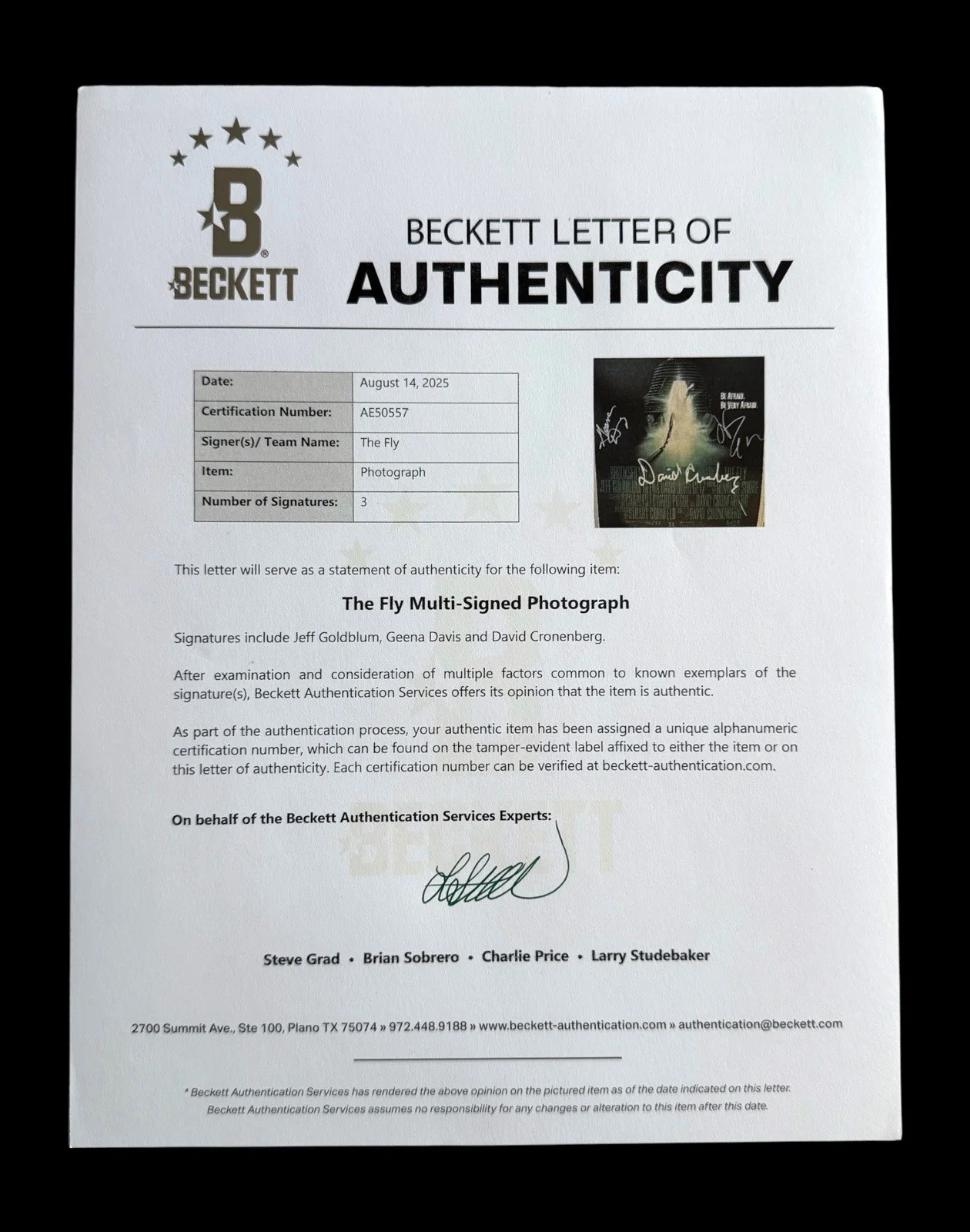 David Cronenberg Jeff Goldblum Geena Davis — DAVID CRONENBERG JEFF GOLDBLUM GEENA DAVIS SIGNED THE FLY 12x18 PHOTO BECKETT-D, image 3
